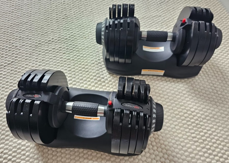 Close-up of Bowflex adjustable dumbbells