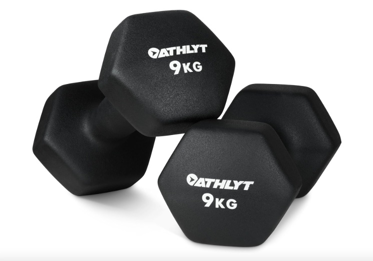 Product shot of a pair of hex dumbbells