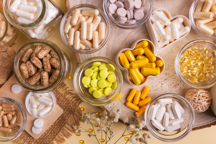 Overhead shot of pots of supplements