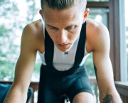 Close-up of a man on an indoor cycling machine