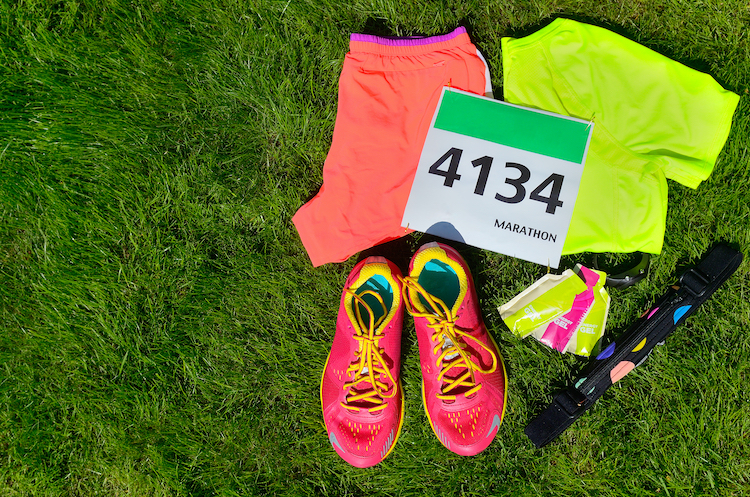 Overhead view of running kit and energy gels