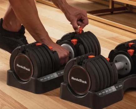 Close-up of adjustable dumbbells