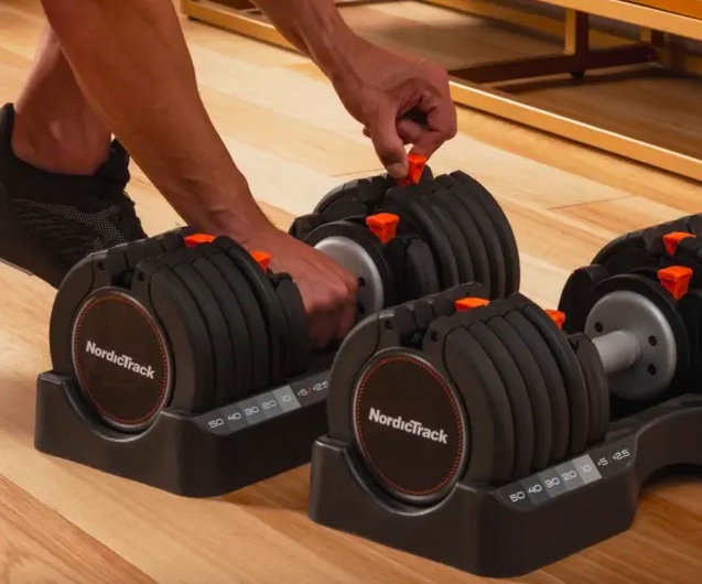 Close-up of adjustable dumbbells