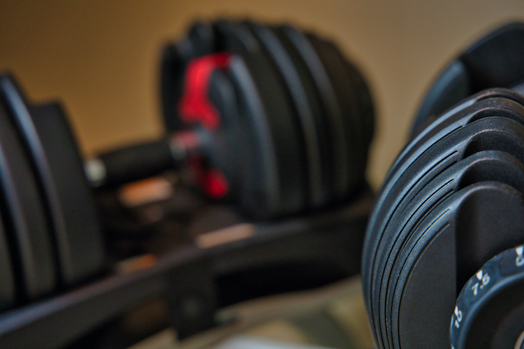 Close-up of adjustable dumbbells