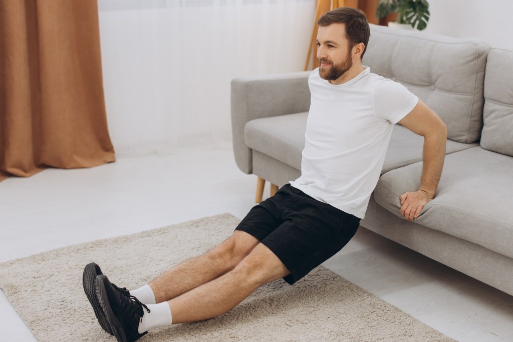Doing triceps dips off the sofa is a great way to move