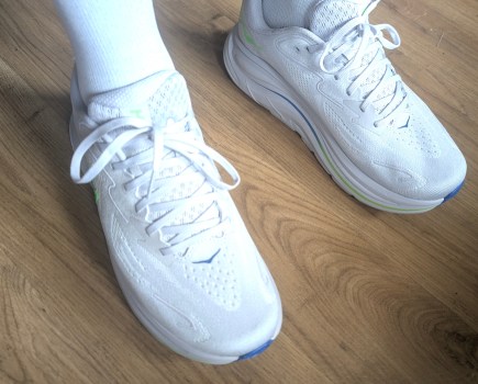 Close-up of a pair of Hoka Clifton trainers