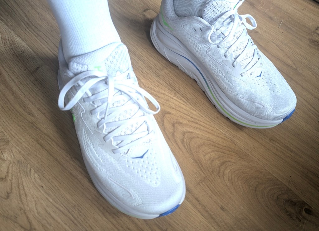 Close-up of a pair of Hoka Clifton 10 trainers