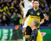 Erling Haaland of Dortmund celebrates his first goal in a yoga pose during the UEFA Champions League round of 16 first leg match between Borussia Dortmund and Paris Saint-Germain