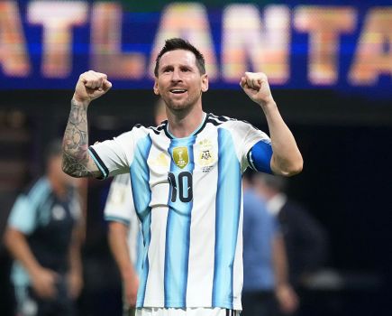 Lionel Messi Celebrating with fists clenched at eye level in Atlanta after football match