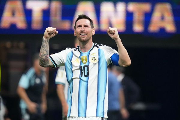 Lionel Messi Celebrating with fists clenched at eye level in Atlanta after football match
